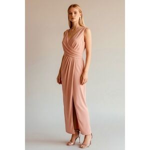 Vintage Sleeveless V-Neck Pleated Wrap Maxi Dress Pink Size Small Formal Gown